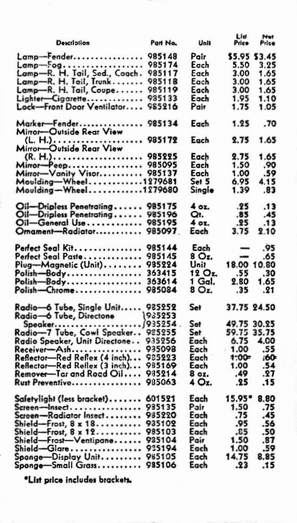 1937 Chevrolet Accessories Price List Page 4